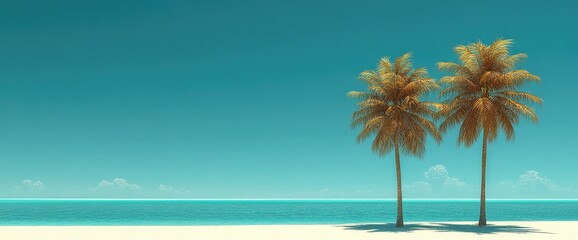 Obraz premium A serene tropical beach with two palm trees, turquoise water, and a clear blue sky