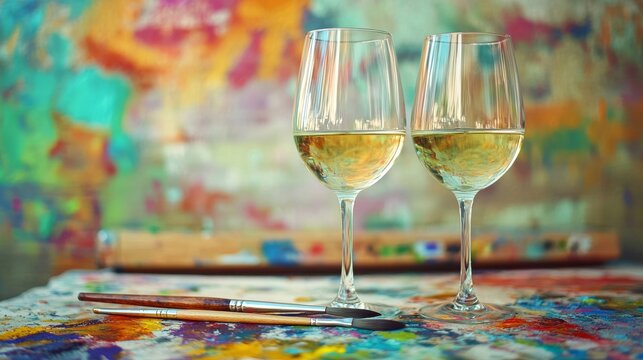 art and wine night promotional banner with paintbrushes wine glasses and colorful splatters to advertise summer painting and wine events  summer sip and paint