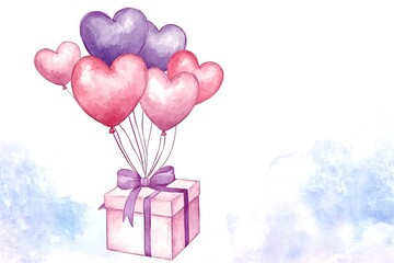 Heart-shaped Balloons Lifting a Gift Box, Watercolor Style