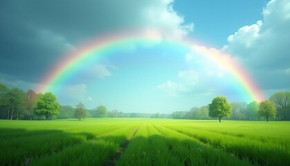 Naklejka premium Rainbow over Green Field: A vibrant rainbow arches majestically over a tranquil green field, framed by lush trees under a partly cloudy sky. The scene evokes a sense of serenity and hope.