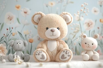 Teddy bear is sitting on a table next to two other teddy bears. The scene is set against a floral wallpaper, giving it a warm and cozy atmosphere