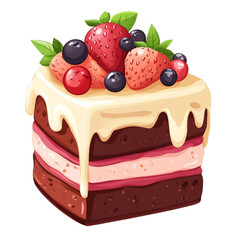 Delicious layered chocolate cake topped with strawberries blueberries and cranberries a sweet treat