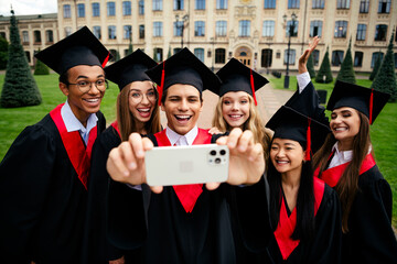 Diverse group of happy graduates take a selfie outdoors after completing their college journey