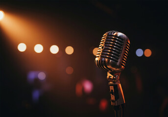 Retro microphone on stage, night lights, blurred background.