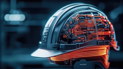 Fototapeta premium Digital construction helmet among system and floating wire concept. Futuristic helmet with embedded circuits and glowing details.