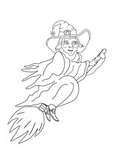 Black and white vector line art of a witch flying on a broomstick. Minimalist contour illustration with spooky Halloween theme. Perfect for seasonal designs, invitations, coloring pages, decorations, 