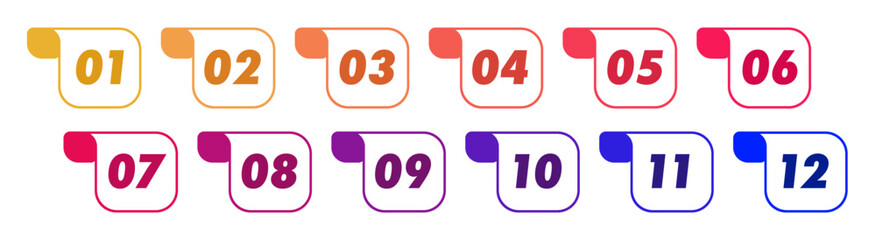 Bullet points numbers from 1 to 12 list markers color style trendy typography