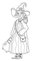 Black vector line art of a standing witch wearing a cloak and a classic pointed hat, holding a magical cauldron in one hand with an owl perched on her shoulder. Halloween design.