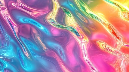 Iridescent multicolored liquid surface with flowing abstract shapes and vibrant color gradients seen closely