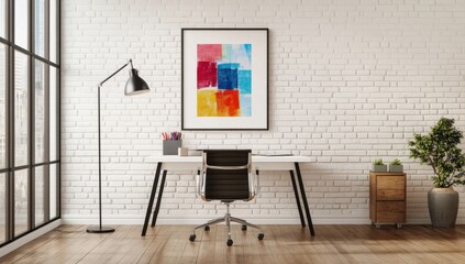 Modern workspace with colorful art.  A bright, minimalist home office or study, featuring a white desk, black chair, colorful abstract art, and brick wall.  