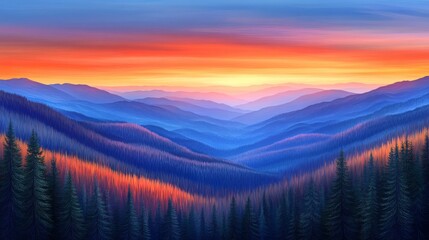 Obraz premium Image depicting an abstract mountain forest with a kaleidoscope of colors during sunset