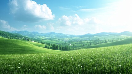 Fototapeta premium Abstract wallpaper image showcasing a serene landscape of green meadows and hills