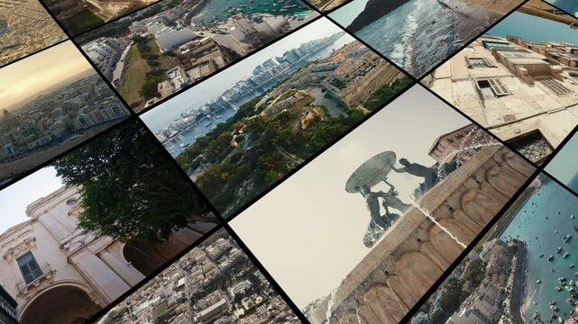 Island Charm and Coastal Exploration of Malta captured in a cinematic collage of Maltas architecture, coastlines and heritage. A dynamic visual journey through iconic landscapes and cities.