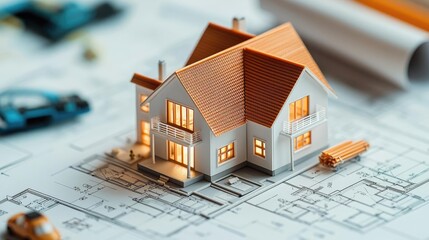 Building house on blueprint highlighting dwelling and project concept. Model house on architectural blueprints with warm lights.