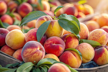 Vibrant Display of Ripe Peaches with Lush Green Leaves: Fresh, Summer Bounty and Natural Beauty