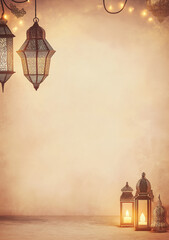 Fototapeta premium Islamic lanterns, soft glow, bokeh lights, warm beige background, festive, serene. with ample copy space