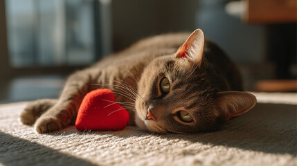 A gray tabby cat resting on a carpet with a red heart shaped object in soft sunlight indoors