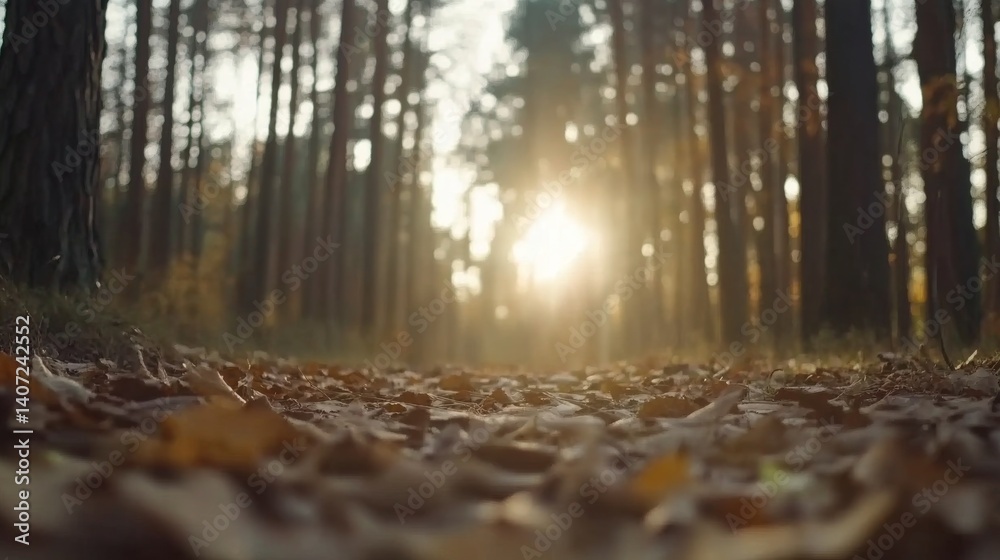 Leinwandbilder a tranquil forest path is scattered with golden leaves, illuminated by the soft morning light filter