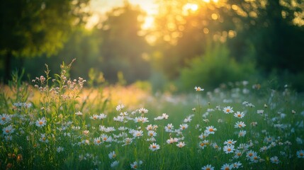 Obraz premium Field of daisies at sunrise, nature beauty captured perfectly