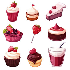Delicious cupcakes cakes pie and a fruity drink assorted sweet treats