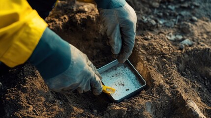 Geotechnical engineer analyzing soil samples at an excavation site. Featuring precision and assessment
