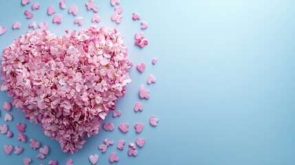 Fototapeta premium A pastel light blue background provides the setting for a pink heart composed of puzzle pieces, paint splashes, and a vacant space for duplication