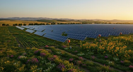 Vast Renewable Energy Farm Amidst Blooming Sunflowers at Sunset