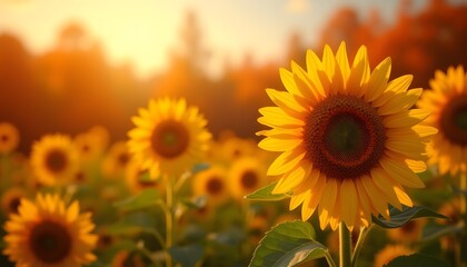 Obraz premium Sunflowers glowing in golden light