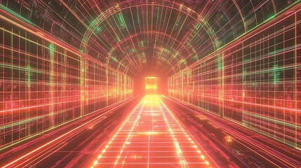 Cyber ai processor surrounded by a holographic neon energy grid with flowing data streams