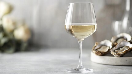 A glass of white wine served with oysters