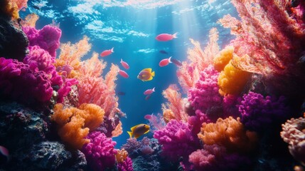 Fototapeta premium Coral reef animation, vibrant fish swimming, underwater glow, seamless