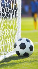 Football in goal netting, vibrant green field background. Player faintly visible. Sharp