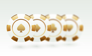 Set of white and gold poker chips with card suit symbols. Clean and minimal style, great for UI kits, mobile games, casino themes, or premium gambling app interfaces and promotional assets