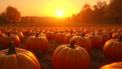 Sunset over pumpkin field