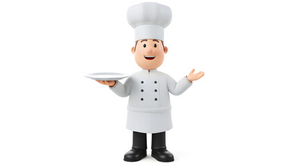 Happy Cartoon Chef Holding Empty Plate Restaurant Food Service Catering
