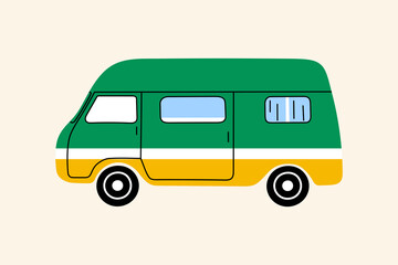 Retro camper van illustration. Flat style green and yellow vintage minibus side view on beige background for travel and adventure concepts