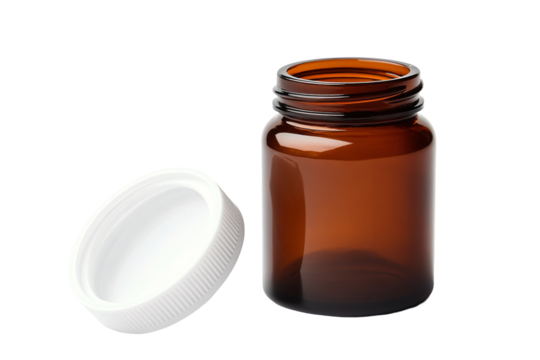 a brown glass bottle with a white lid
