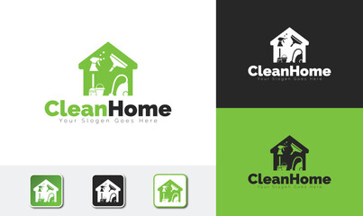 CleanHome Logo with Iconic Cleaning Tools and House Design. Logo Design vector template for Branding.