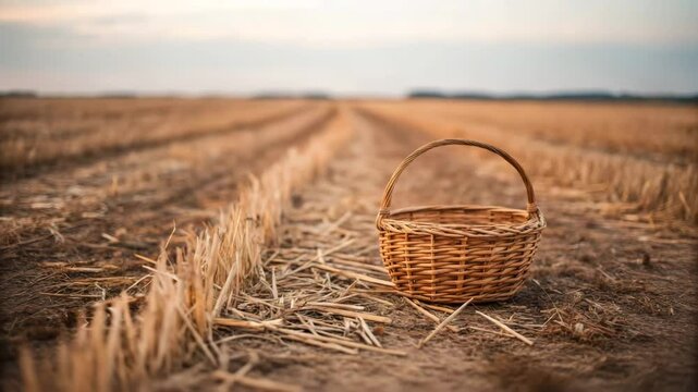 Climate change temperature increase concept. A woven basket sits alone in a golden field, surrounded by harvested crops and distant horizons under a soft sky.