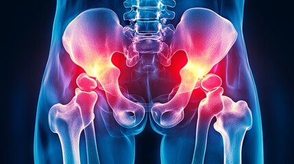 Medical illustration of the human pelvic bones and hip joints with highlighted inflammation and pain areas, depicting arthritis, joint disease, injury, or musculoskeletal health concept
