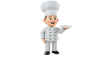 Happy Cartoon Chef Holding Empty Plate Restaurant Food Service Cook