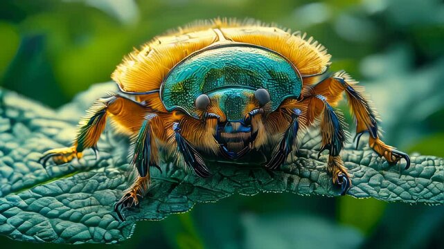 A detailed macro shot of a cockchafer beetle perched on a green leaf in a natural environment, showcasing its texture and features