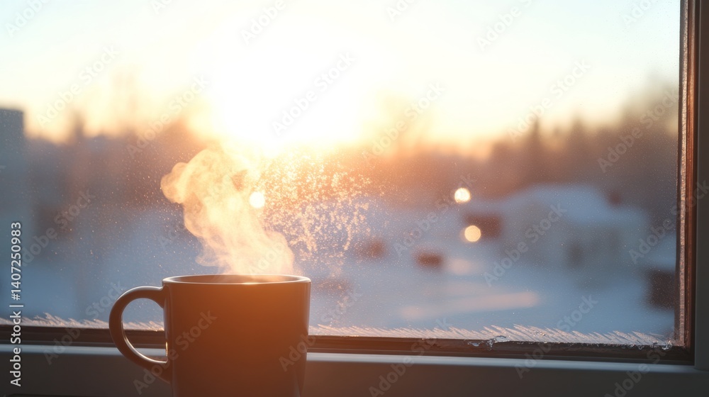 Poster Frosty window features detailed ice patterns bathed in soft sunlight, while a cup of hot cocoa sits warmly on the windowsill, inviting winter comfort