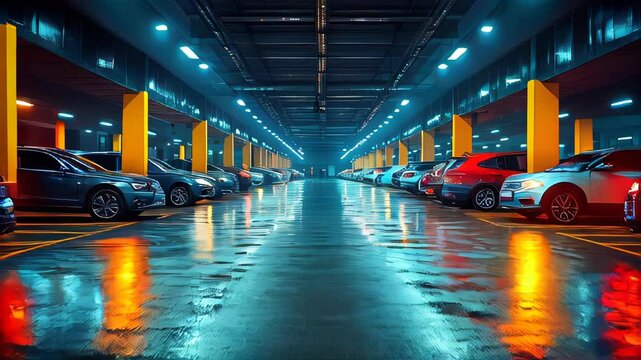 Underground parking lot with bright neon lights reflecting on a wet concrete floor, showcasing a variety of parked cars in a modern, organized structure
