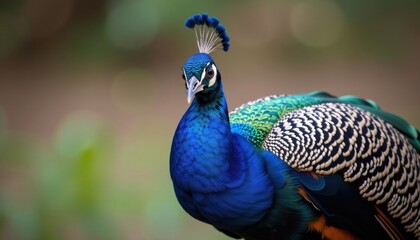 Obraz premium Majestic Indian Peafowl Close up Vibrant Blue and Green Plumage Detailed Feathers