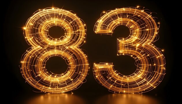 Golden eighty-three luminous figure, shimmering light patterns on black background