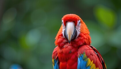 Vibrant Scarlet Macaw Parrot Portrait Close up Lush Green Background Wildlife Photography