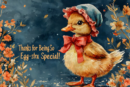 Vintage Greeting Card with Duckling in Bonnet and "Thanks for Being So Egg-stra Special!" Text on Floral Blue Background