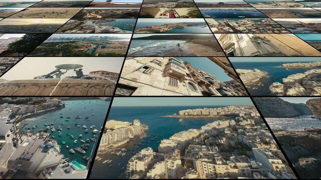 Cultural Footprints in Valletta and Beyond captured in a cinematic collage of Maltas architecture, coastlines and heritage. A dynamic visual journey through iconic landscapes and cities.