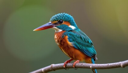 Obraz premium Vibrant Male Common Kingfisher Perched on Branch Detailed Close up